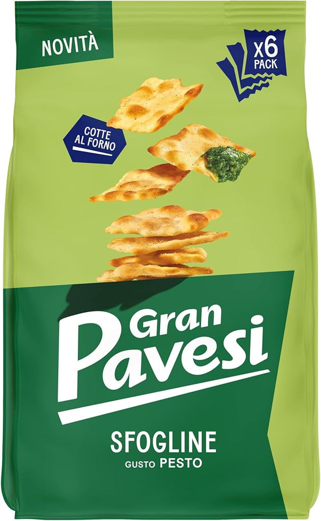 Gran Pavesi Cracker Le Sfogline Pesto Flavor, Baked, Salty and Crunchy Snack, Without Palm Oil, Pack of 6 Single Portions of 30g