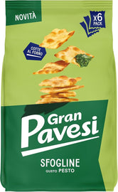 Gran Pavesi Cracker Le Sfogline Pesto Flavor, Baked, Salty and Crunchy Snack, Without Palm Oil, Pack of 6 Single Portions of 30g