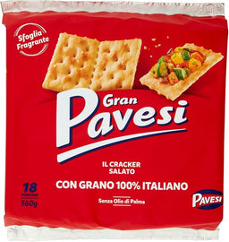 Gran Pavesi Classic Salty Crackers with 100% Italian Wheat, Without Palm Oil, 18 Packets, 560 g