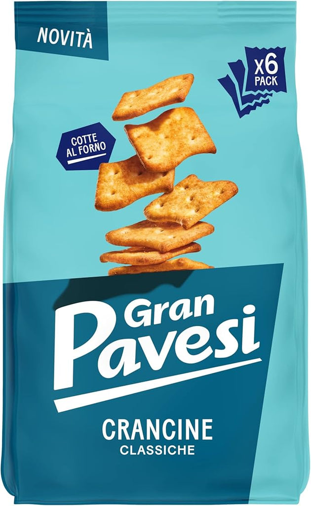 Gran Pavesi Cracker Le Crancine Classic Flavour, Baked in the Oven, Salty and Crunchy Snack, Without Palm Oil, Pack of 6 Single Portions of 30g