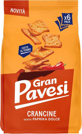 Gran Pavesi Cracker Le Crancine Sweet Paprika Flavor, Baked, Salty and Crunchy Snack, Without Palm Oil, Pack of 6 Single Portions of 30g