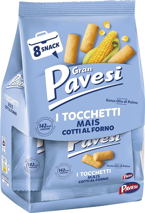 Gran Pavesi Snack Tocchetti, Oven-Baked Corn Snacks, Palm Oil Free - 8 Packets (256 g)