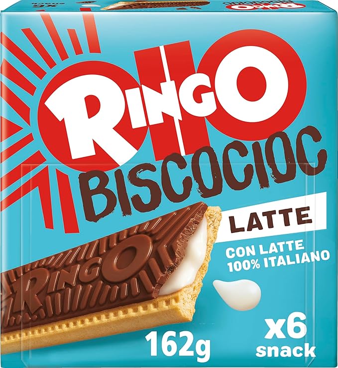 Pavesi Ringo Bisco Cioc Latte, Biscuit with Milk Filling and Chocolate Covering for a Sweet and Tasty Snack for the Afternoon Tea - Pack of 6 Snacks - 162 g